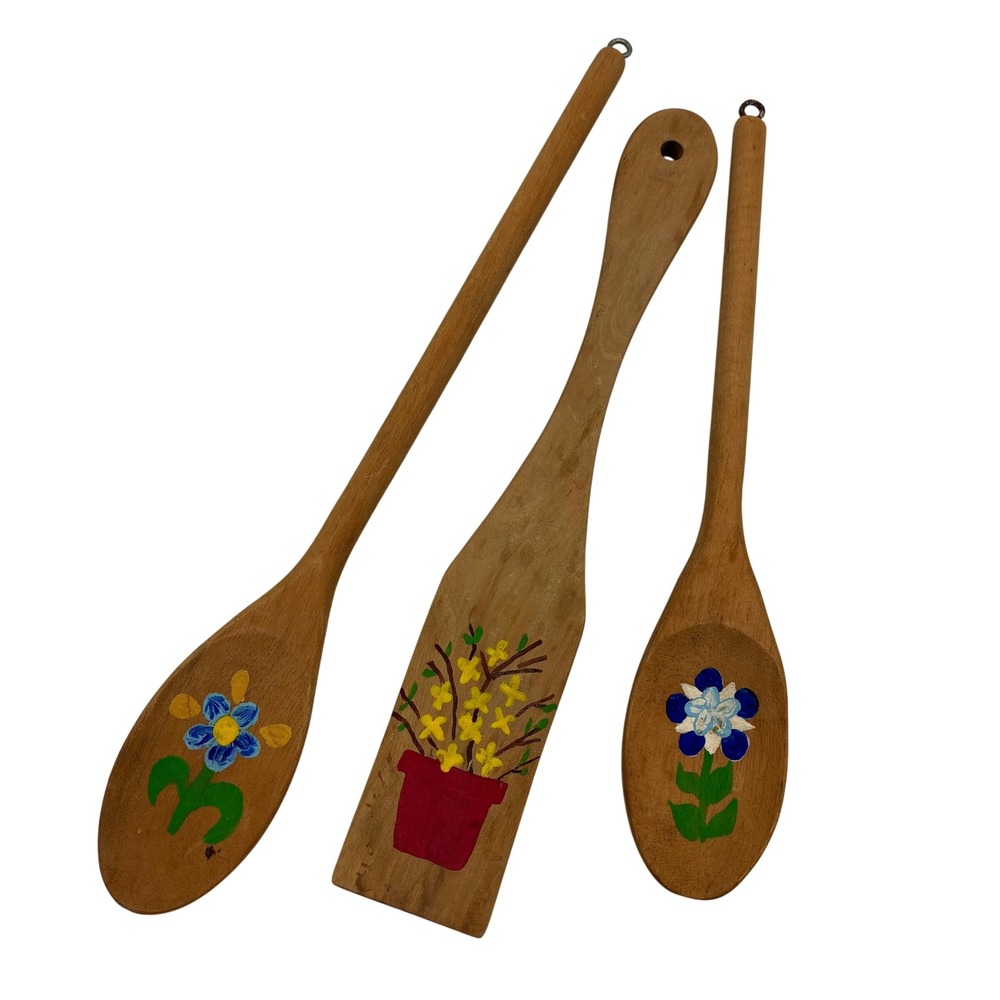 Vintage 1976 Hand Painted Wooden Spoon Spatula Set Folk Art Floral 3pc Decor